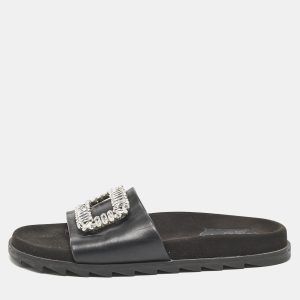 Roger Vivier Black Leather Crystal Embellished Flat Slide Sandals Size 37, Sandals - Luxury Closet catalog