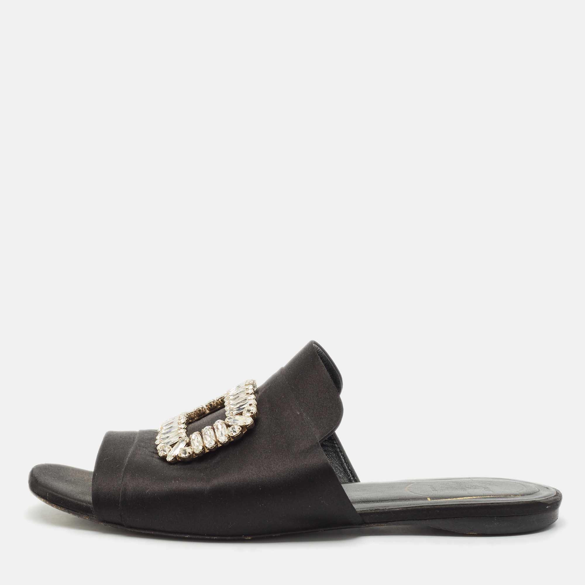 Roger Vivier Black Satin Crystals Embellished Flat Slides Size 38.5, Flats - Luxury Closet catalog