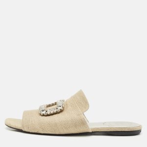 Roger Vivier Cream Canvas Tiffany Buckle Flat Slides Size 41, Sandals - Luxury Closet catalog
