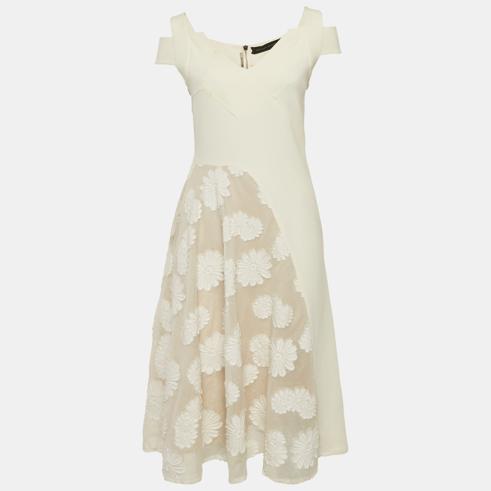 Roland Mouret Off White Cotton & Crepe Stretch Floral Applique Midi Dress M, Dresses - Luxury Closet catalog