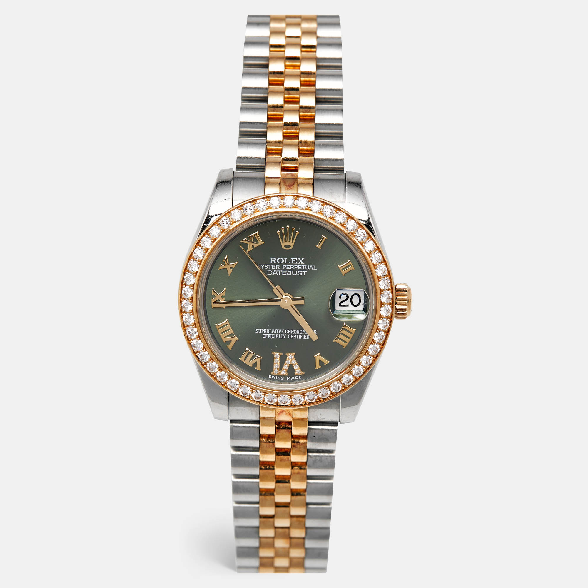 Rolex Olive Green 18K Yellow Gold Stainless Steel Diamond Datejust 178383 Women's Wristwatch 31 mm, Watches - Luxury Closet catalog