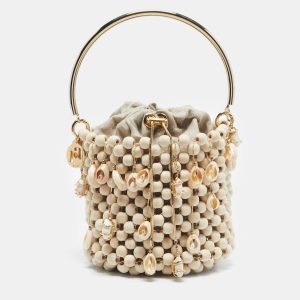 Rosantica Beige Beaded Wood Shell Embellished Pochette Bag, Clutches & Special Occasion Bags - Luxury Closet catalog