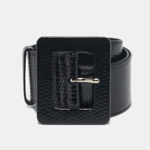 Saint Laurent Black Lizard Embossed Patent Leather Buckle Wide Belt 75CM, Belt Buckles - Luxury Closet catalog