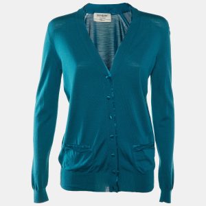 Yves Saint Laurent Teal Blue Wool Knit & Satin Trim Button Front Cardigan L, Sweaters & Cardigans - Luxury Closet catalog