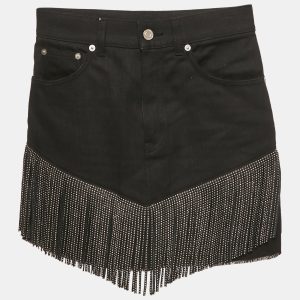 Saint Laurent Black Studded Leather Fringe Trim Denim Skirt S Waist 27", Skirts - Luxury Closet catalog