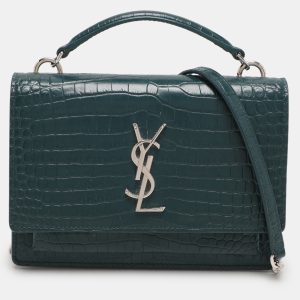 Saint Laurent Paris Green Croc Embossed Leather Sunset Crossbody Bag, Handbags - Luxury Closet catalog