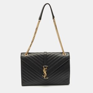 Saint Laurent Black Matelass&eacute; Leather Large Monogram Envelope Shoulder Bag, Shoulder Bags - Luxury Closet catalog