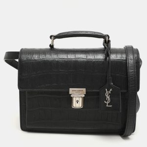 Saint Laurent Black Croc Embossed Leather High School Top Handle Bag, Satchels - Luxury Closet catalog