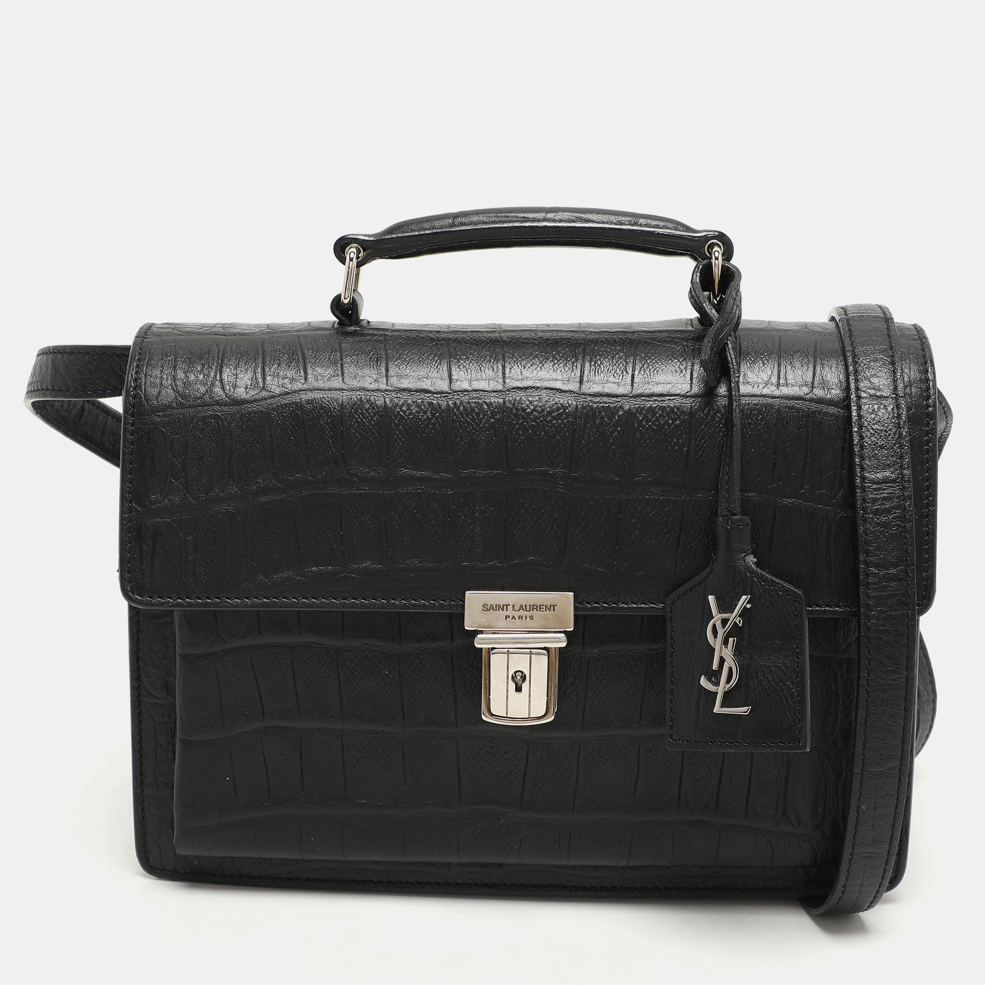 Saint Laurent Black Croc Embossed Leather High School Top Handle Bag, Satchels - Luxury Closet catalog