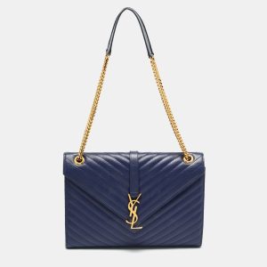 Saint Laurent Blue Matelass&eacute; Leather Large Monogram Envelope Shoulder Bag, Shoulder Bags - Luxury Closet catalog