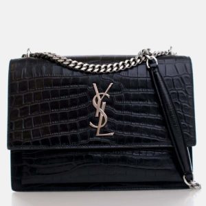 Saint Laurent Paris Sunset Medium Black Calfskin Embossed  Flap Bag, Handbags - Luxury Closet catalog