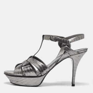 Saint Laurent Grey Lizard Embossed Leather Tribute Platform Sandals Size 40, Sandals - Luxury Closet catalog