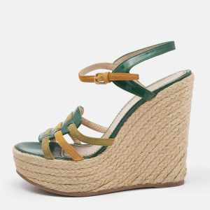 Saint Laurent Green Patent Leather and Suede Tribute Wedge Sandals Size 38.5, Sandals - Luxury Closet catalog