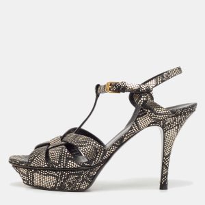 Saint Laurent Black/Gold Textured Leather Tribute Sandals Size 39.5, Sandals - Luxury Closet catalog