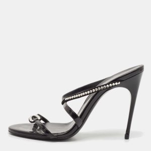 Saint Laurent Black Suede and Patent Leather Crystal Slide Sandals Size 37.5, Sandals - Luxury Closet catalog