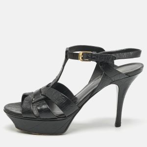 Saint Laurent Black Croc Embossed Leather Tribute Platform Sandals Size 37.5, Sandals - Luxury Closet catalog