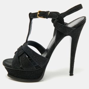 Saint Laurent Paris Black Glitter and Suede Tribute Platform Sandals Size 37.5, Sandals - Luxury Closet catalog
