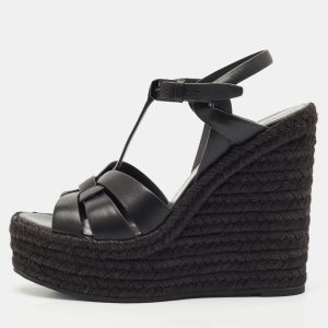 Saint Laurent Black Leather Tribute Wedge Espadrille Sandals Size 37.5, Sandals - Luxury Closet catalog