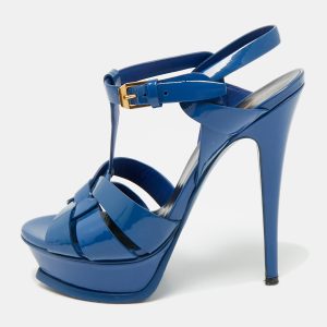 Saint Laurent Blue Patent Leather Tribute Platform Sandals Size 36.5, Sandals - Luxury Closet catalog