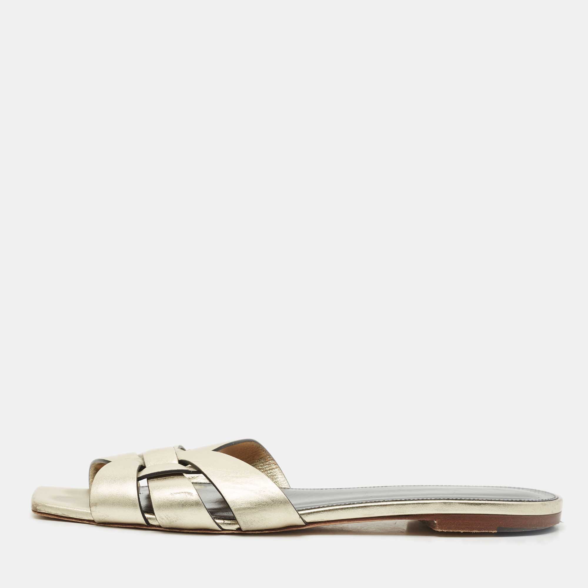 Saint Laurent Gold Leather Tribute Flat Sandals Size 40, Sandals - Luxury Closet catalog