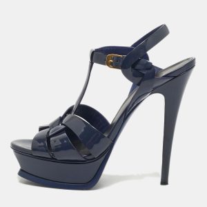 Saint Laurent Navy Blue Patent Leather Tribute Ankle Strap Sandals Size 38, Sandals - Luxury Closet catalog