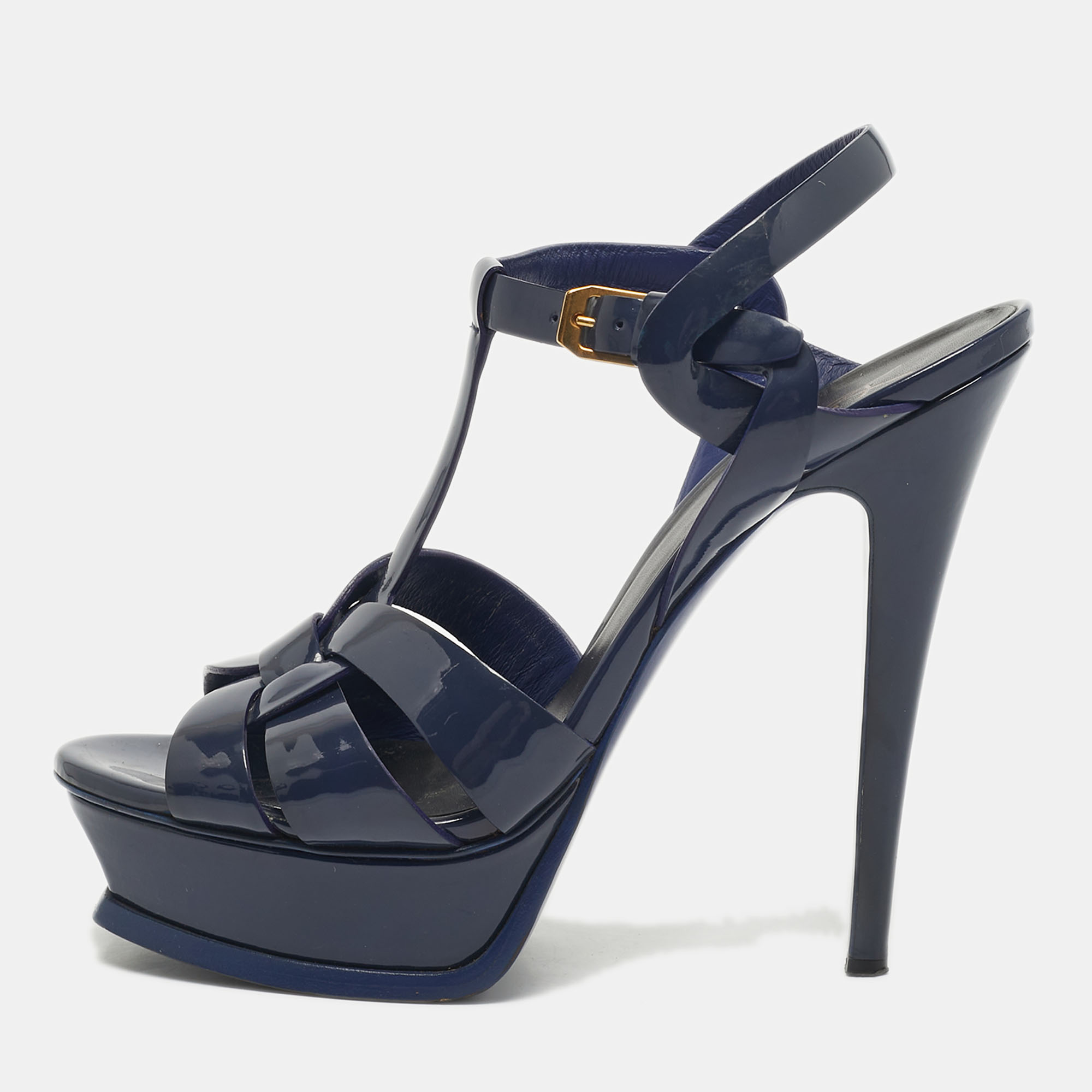 Saint Laurent Navy Blue Patent Leather Tribute Ankle Strap Sandals Size 38, Sandals - Luxury Closet catalog