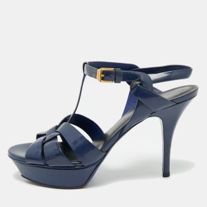 Saint Laurent Navy Blue Patent Leather Tribute Platform Sandals Size 40, Sandals - Luxury Closet catalog