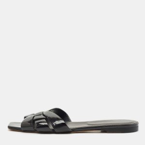 Saint Laurent Black Patent Leather Tribute Flat Sandals Size 38.5, Sandals - Luxury Closet catalog