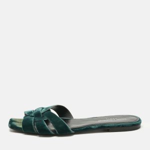 Saint Laurent Paris Green Velvet Tribute Flat Slide Size 38.5, Sandals - Luxury Closet catalog