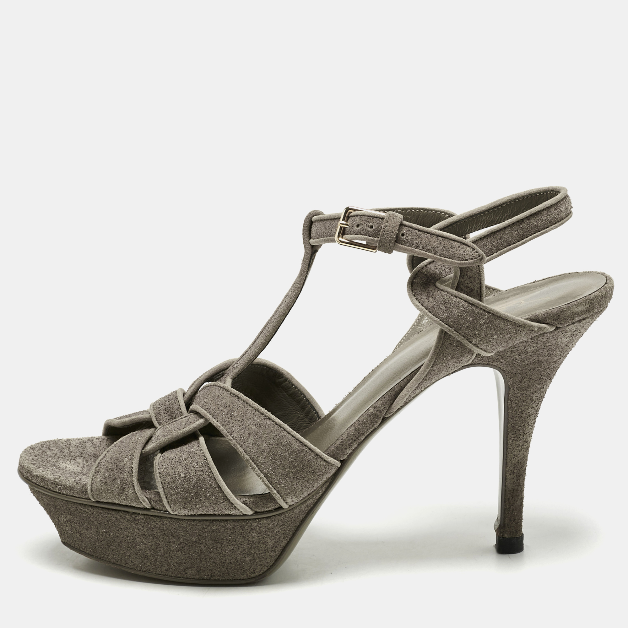Saint Laurent Taupe Grey Metallic Embossed Suede Tribute Platform Sandals Size 39.5, Sandals - Luxury Closet catalog