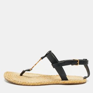 Saint Laurent Black/Beige Leather and Raffia Cassandra Thong Sandals Size 37, Sandals - Luxury Closet catalog
