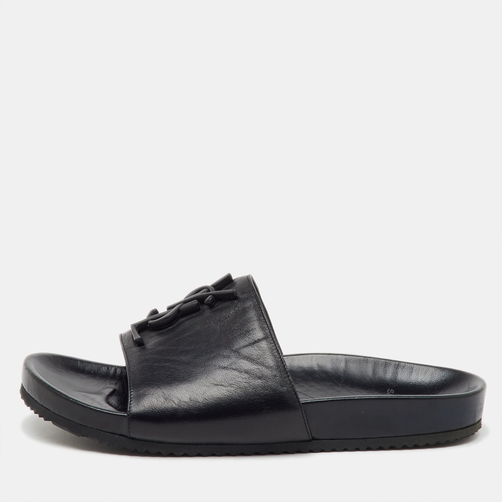 Saint Laurent Black Leather Joan Flat Slide Sandals Size 37, Sandals - Luxury Closet catalog