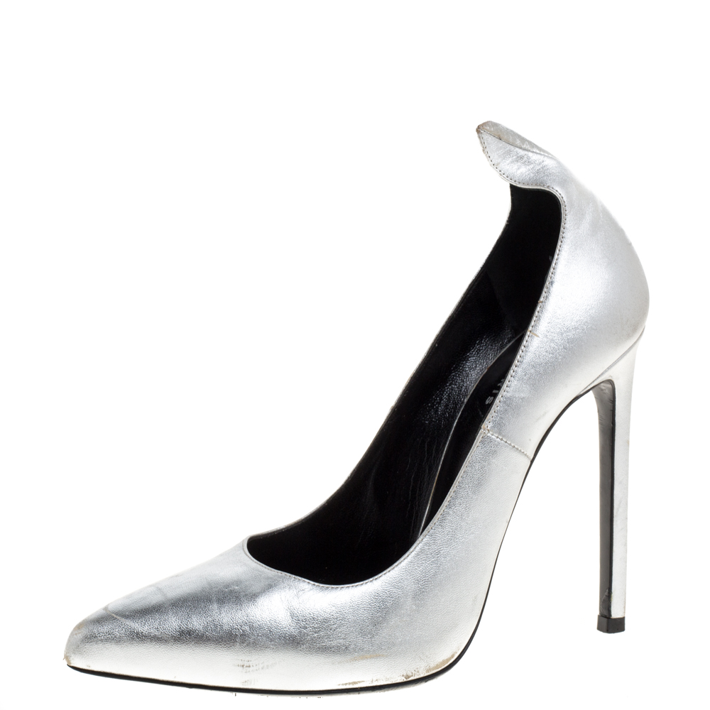 Saint Laurent Paris Silver Leather Thorn Pointed Toe Pumps Size 37, Pumps - Luxury Closet catalog