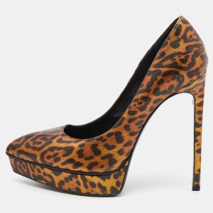Saint Laurent Metallic Leopard Print Leather Janis Pointed Toe Platform Pumps Size 38, Pumps - Luxury Closet catalog