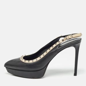 Saint Laurent Paris Black Leather Studded Platform Pointed Toe Slingback Pumps Size 38.5, Pumps - Luxury Closet catalog