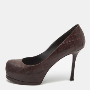 Saint Laurent Paris Brown Croc Embossed Leather Tribtoo Platform Pumps Size 37, Pumps - Luxury Closet catalog