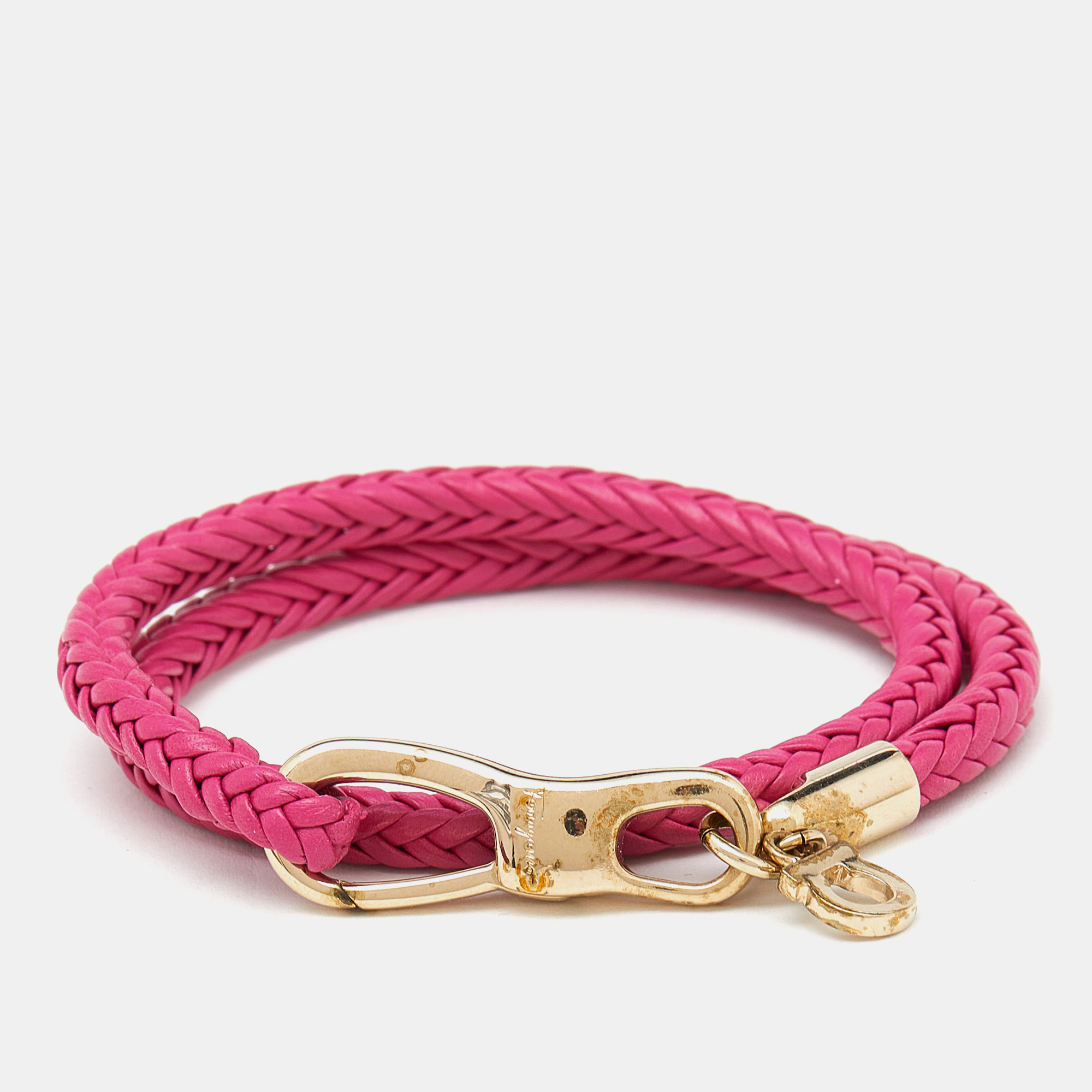 Salvatore Ferragamo Pink Braided Leather Gold Tone Wrap Bracelet, Jewelry - Luxury Closet catalog