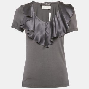 Salvatore Ferragamo Grey Knit & Silk Ruffle Neck Top L, Shirts & Tops - Luxury Closet catalog