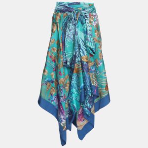 Salvatore Ferragamo Blue Printed Silk Belted Asymmetric Hem Skirt M, Skirts - Luxury Closet catalog
