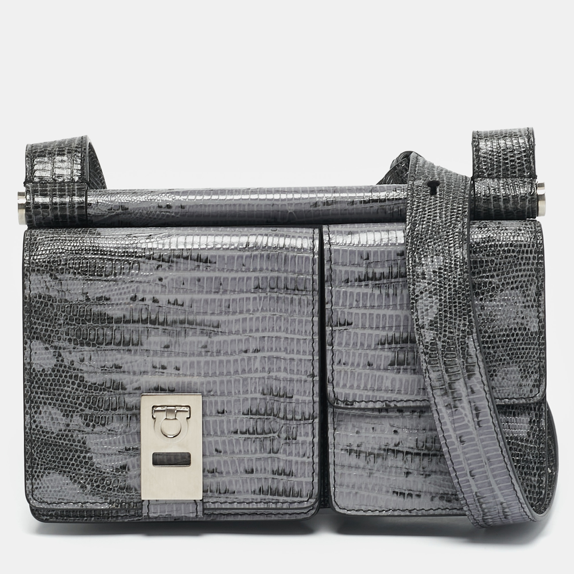 Salvatore Ferragamo Lilac/Black Lizard Embossed Leather Multi Pocket Flap Crossbody Bag, Handbags - Luxury Closet catalog