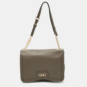 Salvatore Ferragamo Dark Beige Leather Gancini Flap Shoulder Bag, Shoulder Bags - Luxury Closet catalog
