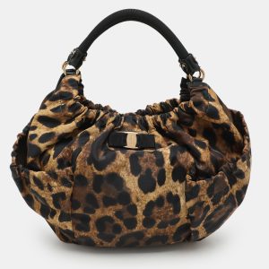 Salvatore Ferragamo Brown Leopard Print Nylon Vara Bow Hobo, Shoulder Bags - Luxury Closet catalog