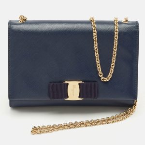 Salvatore Ferragamo Navy Blue Leather Vara Bow Chain Clutch, Clutches & Special Occasion Bags - Luxury Closet catalog