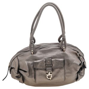 Salvatore Ferragamo Metallic Grey Leather Gancini Front Pocket Satchel, Satchels - Luxury Closet catalog