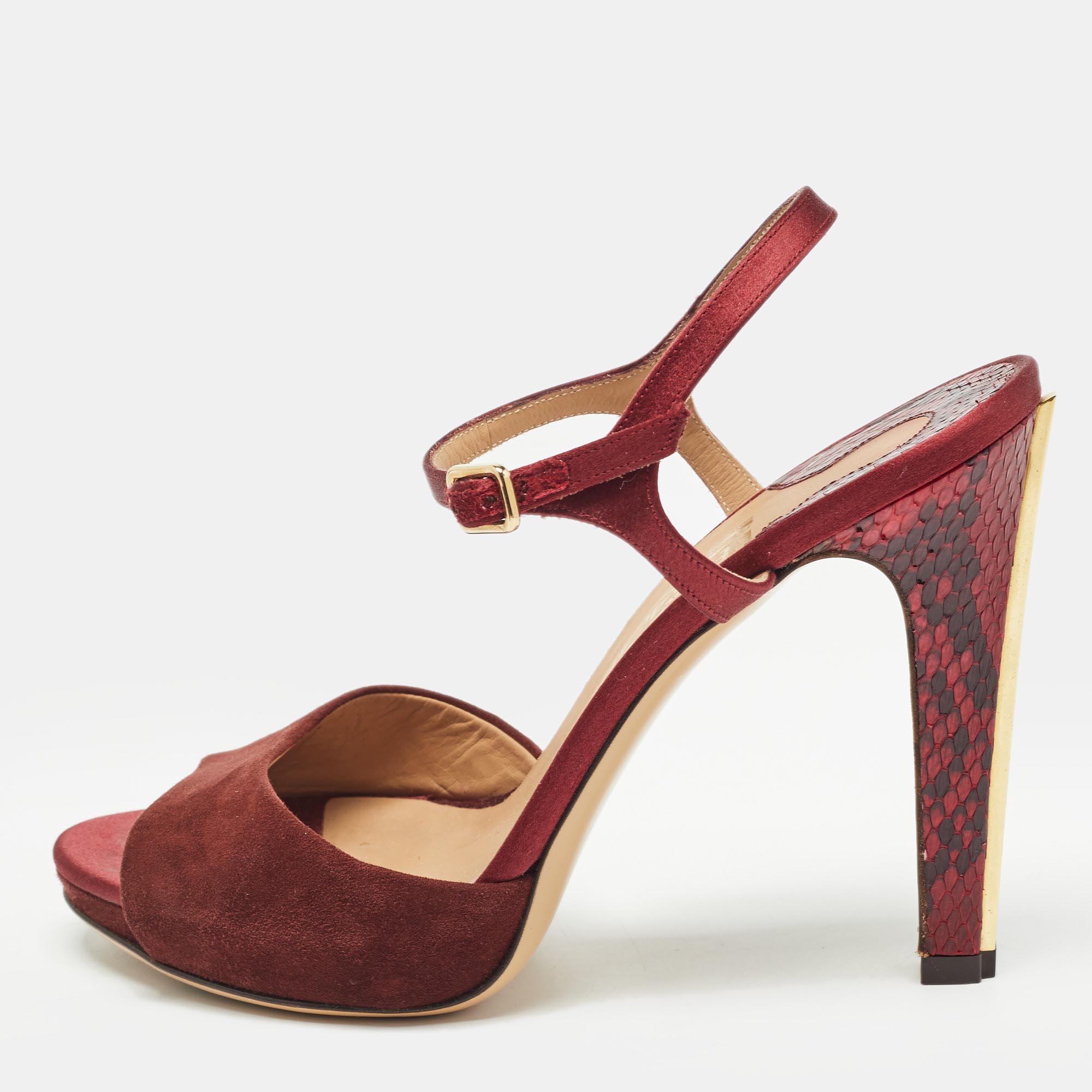 Salvatore Ferragamo Burgundy Suede and Python Leather Ankle Strap Sandals Size 38.5, Sandals - Luxury Closet catalog