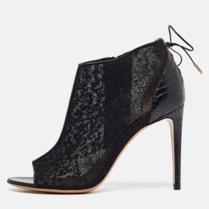 Salvatore Ferragamo Black Lace and Python Nufus Open Toe Booties Size 39.5, Boots - Luxury Closet catalog