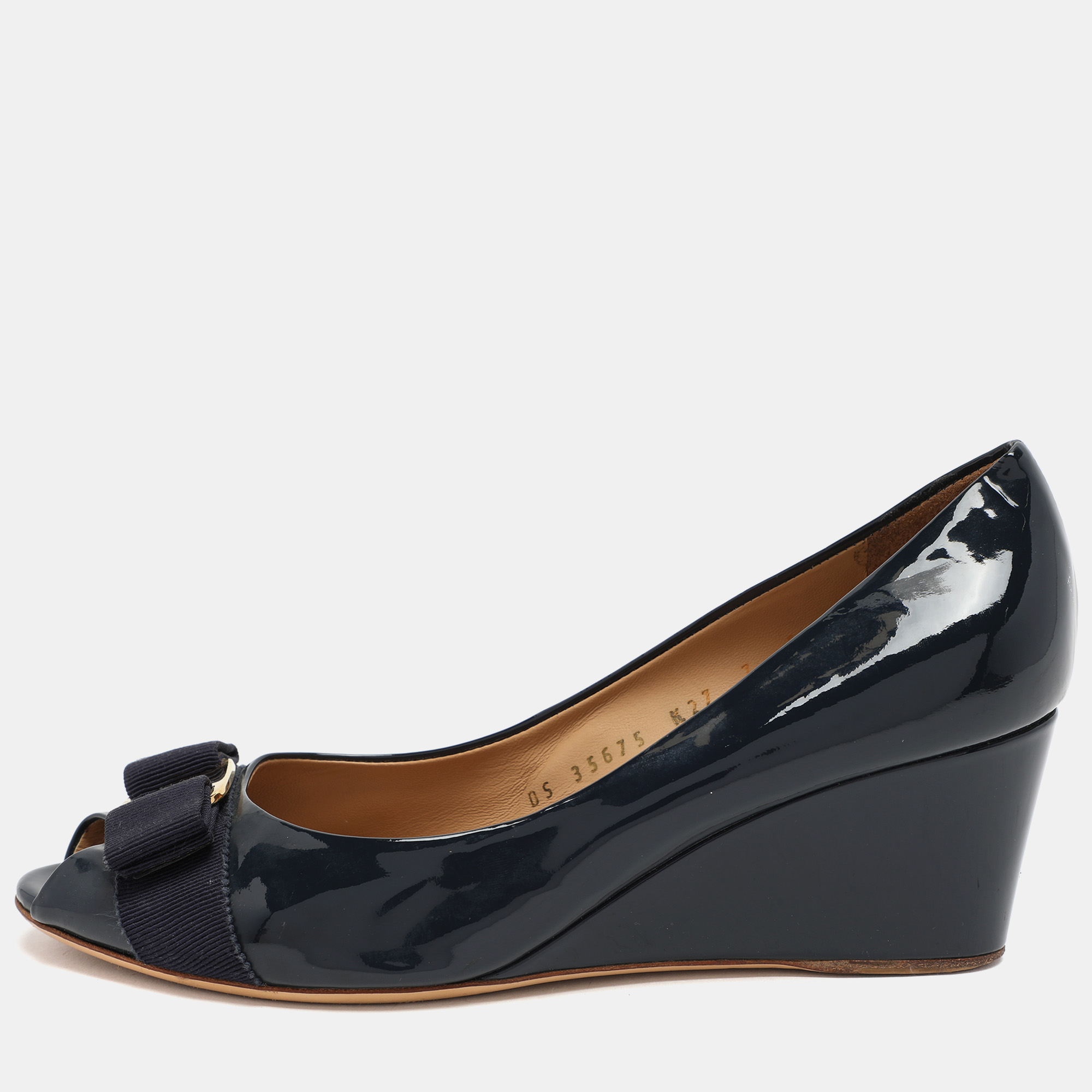 Salvatore Ferragamo Blue Patent Leather Vara Bow Wedge Pumps Size 37.5, Pumps - Luxury Closet catalog