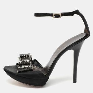Salvatore Ferragamo Black Satin Bow Embellished Ankle Strap Sandals Size 38, Sandals - Luxury Closet catalog