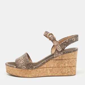 Salvatore Ferragamo Brown Lizard Embossed Leather Madea Cork Wedge Sandals Size 40.5, Sandals - Luxury Closet catalog