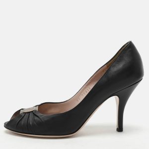 Salvatore Ferragamo Black Leather Fiberia Peep Toe Pumps Size 37.5, Pumps - Luxury Closet catalog